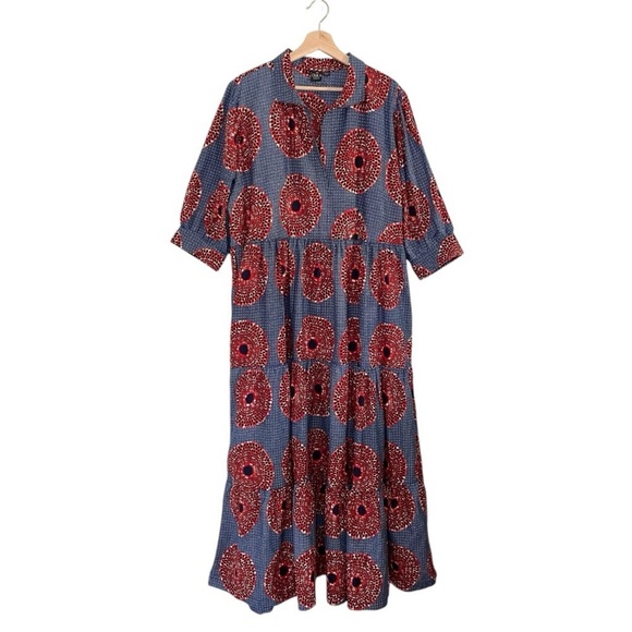 NEW The Oula Company Tiered Maxi Printed Cotton Shirt Dress Blue Red Large - Picture 2 of 11